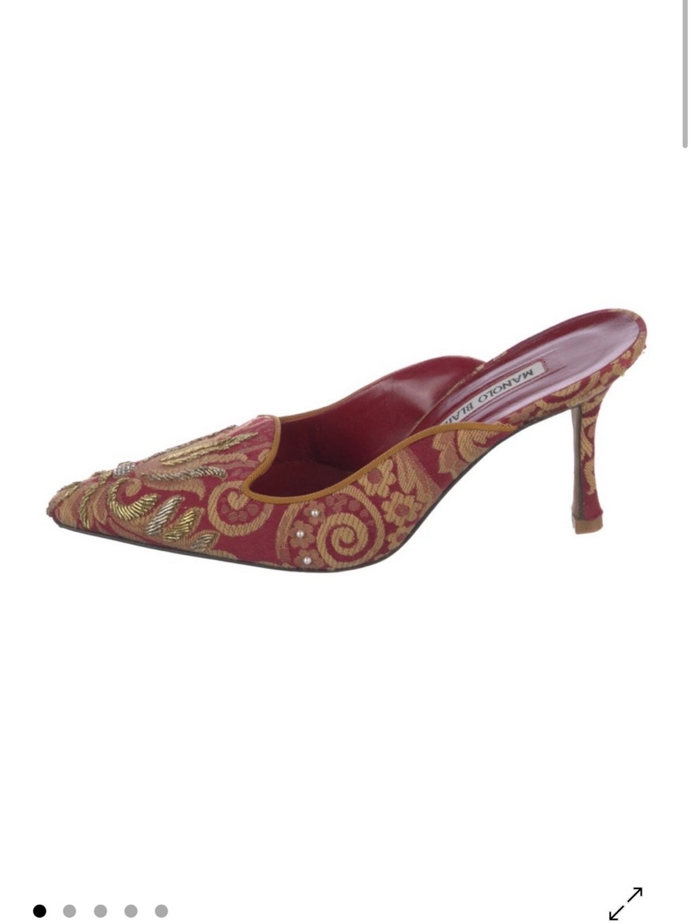 Manolo Blahnik Red and Gold Embroidered Pointed Mule with Kitten Heel